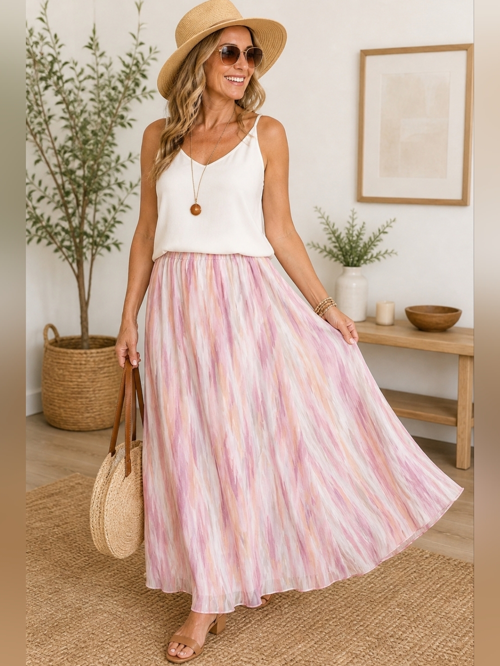 Ruby Rd. Pastel Pleated Maxi Skirt 16W Pink Purple Flowy Elastic Waist Summer